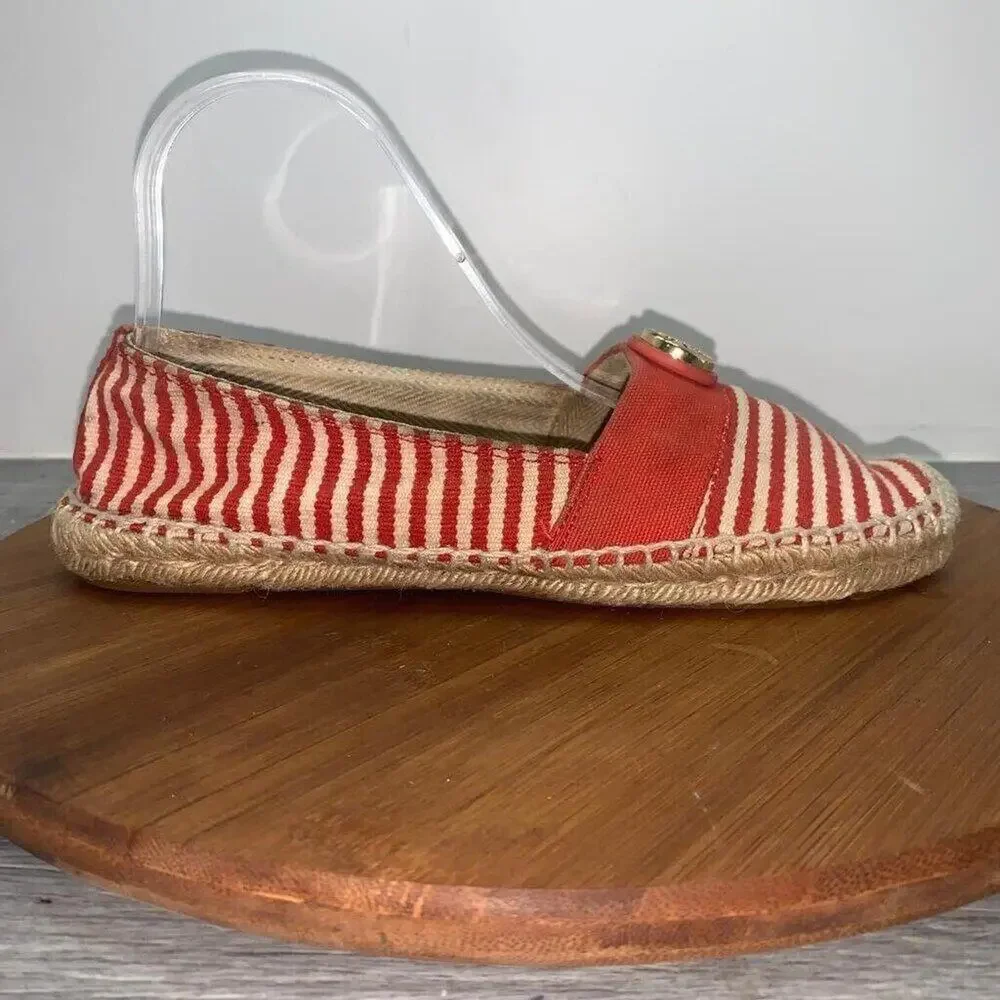 Tory Burch Size 9 Beacher Canvas Espadrille Flats Stiped Red Natural Logo Shoes
